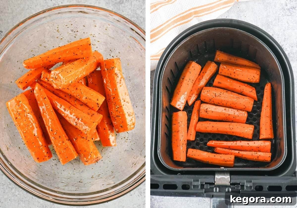 Crispy Air Fryer Carrots 6 carrots in bowl with seasoning, carrots in air fryer basket.
