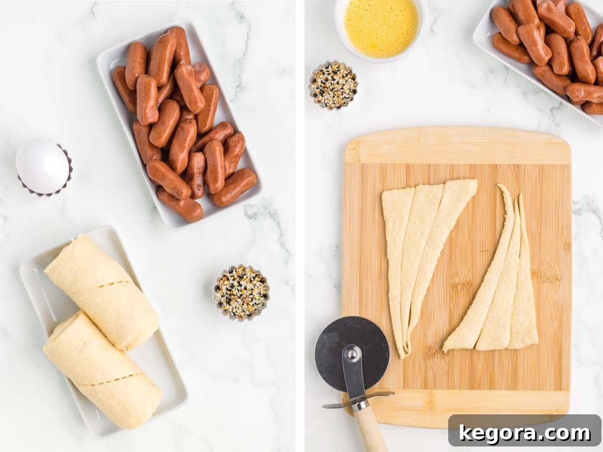 Image showing the ingredients laid out and crescent roll dough being cut into strips on a cutting board.