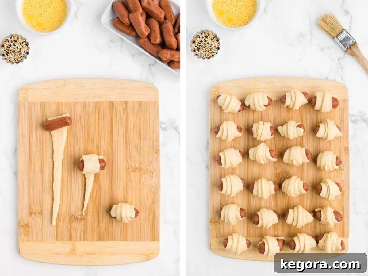 Image demonstrating the process of wrapping hot dogs in crescent roll dough, with several wrapped hot dogs on a board.