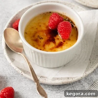 An exquisite dairy-free creme brulee in a delicate ramekin, perfectly caramelized on top and garnished with fresh raspberries, with a spoon resting elegantly beside it.