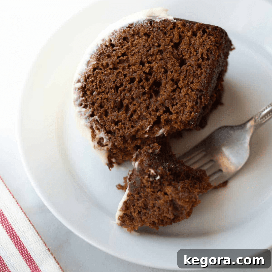 A cozy slice of gluten-free gingerbread cake with a bite taken out, showcasing its moist texture and warm spices.