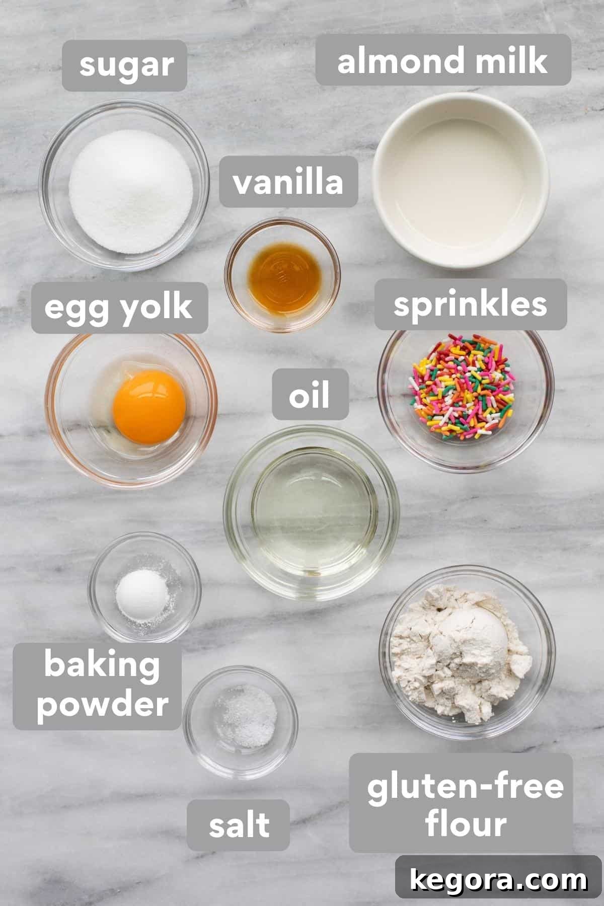 Mug cake ingredients laid out neatly on a countertop before mixing