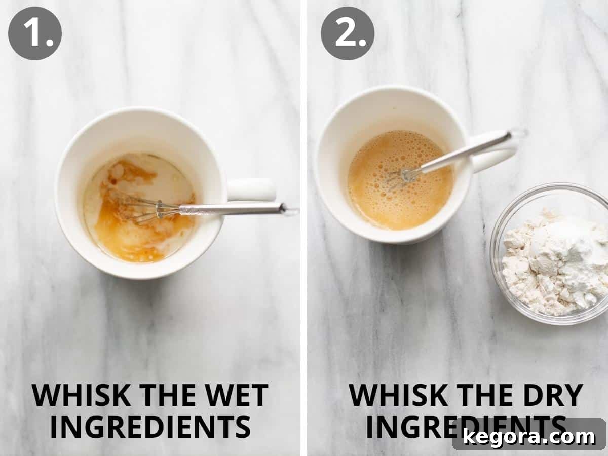 Two images: one showing mixing wet ingredients in a mug with a spoon, and another with dry ingredients in a bowl next to the mug.