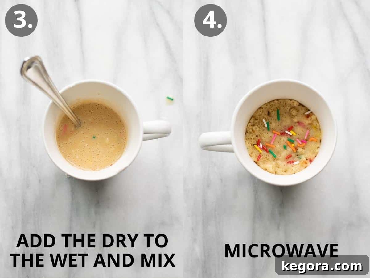 Two images: one showing the cake batter with sprinkles in a mug and a spoon, and another showing the finished, microwaved mug cake.