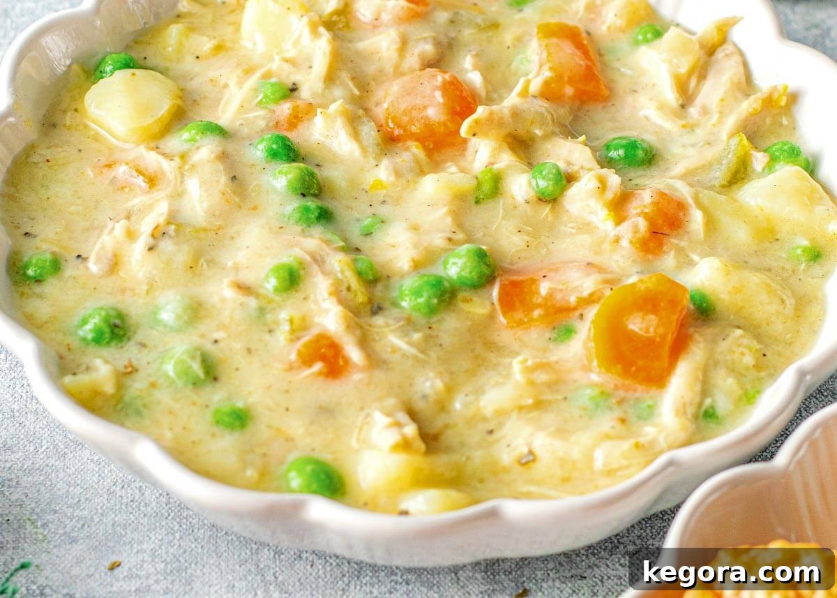 A close-up shot of the creamy Instant Pot Chicken Pot Pie Soup served in a white bowl, showing tender chicken pieces and colorful vegetables.