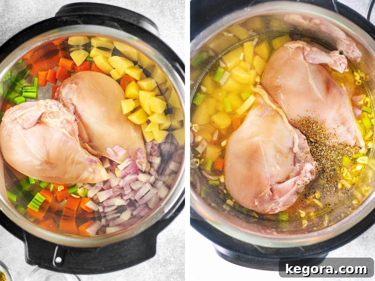 Carrots, celery, onions, garlic, potatoes, and raw chicken added to the Instant Pot, with broth and seasonings already in the pot.