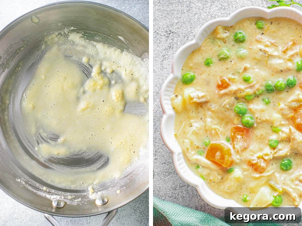 A small pan with butter and flour being combined to make a thickener, next to a bowl of thickened Instant Pot Chicken Pot Pie Soup.