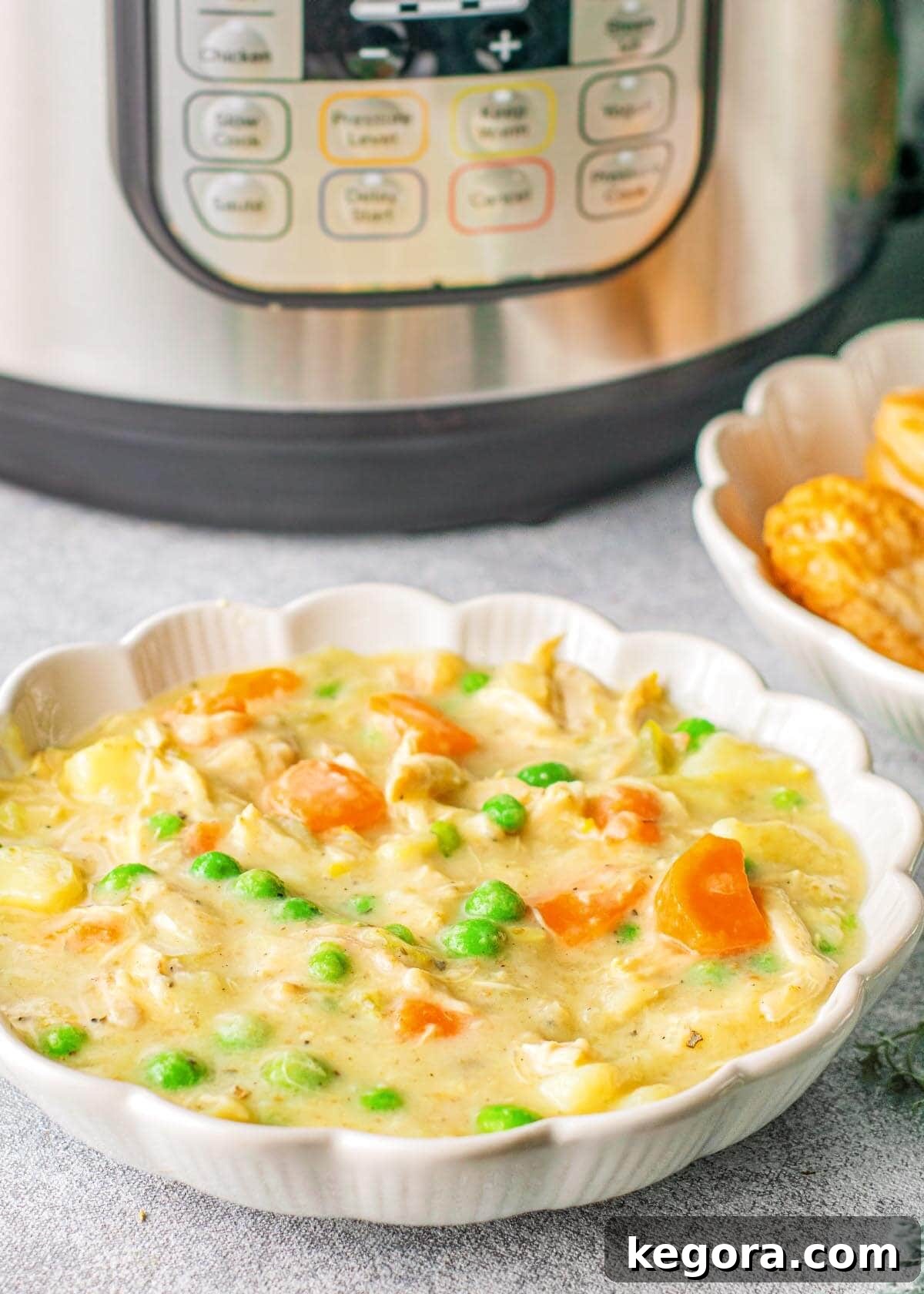 A bowl of Instant Pot Chicken Pot Pie Soup positioned in front of the Instant Pot, highlighting its homemade appeal.
