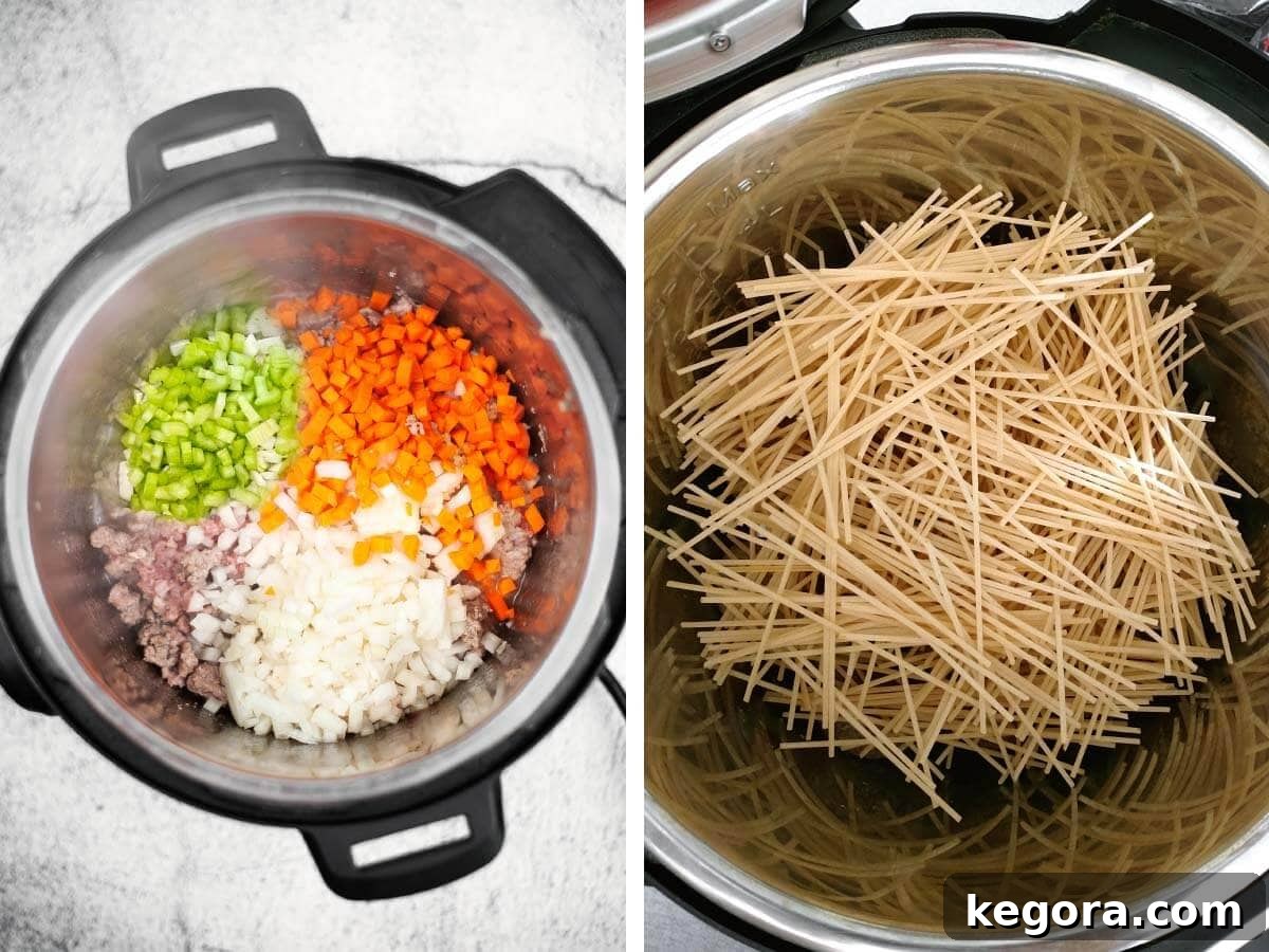 sautéing meat and veggies in pot, noodles added to pot.
