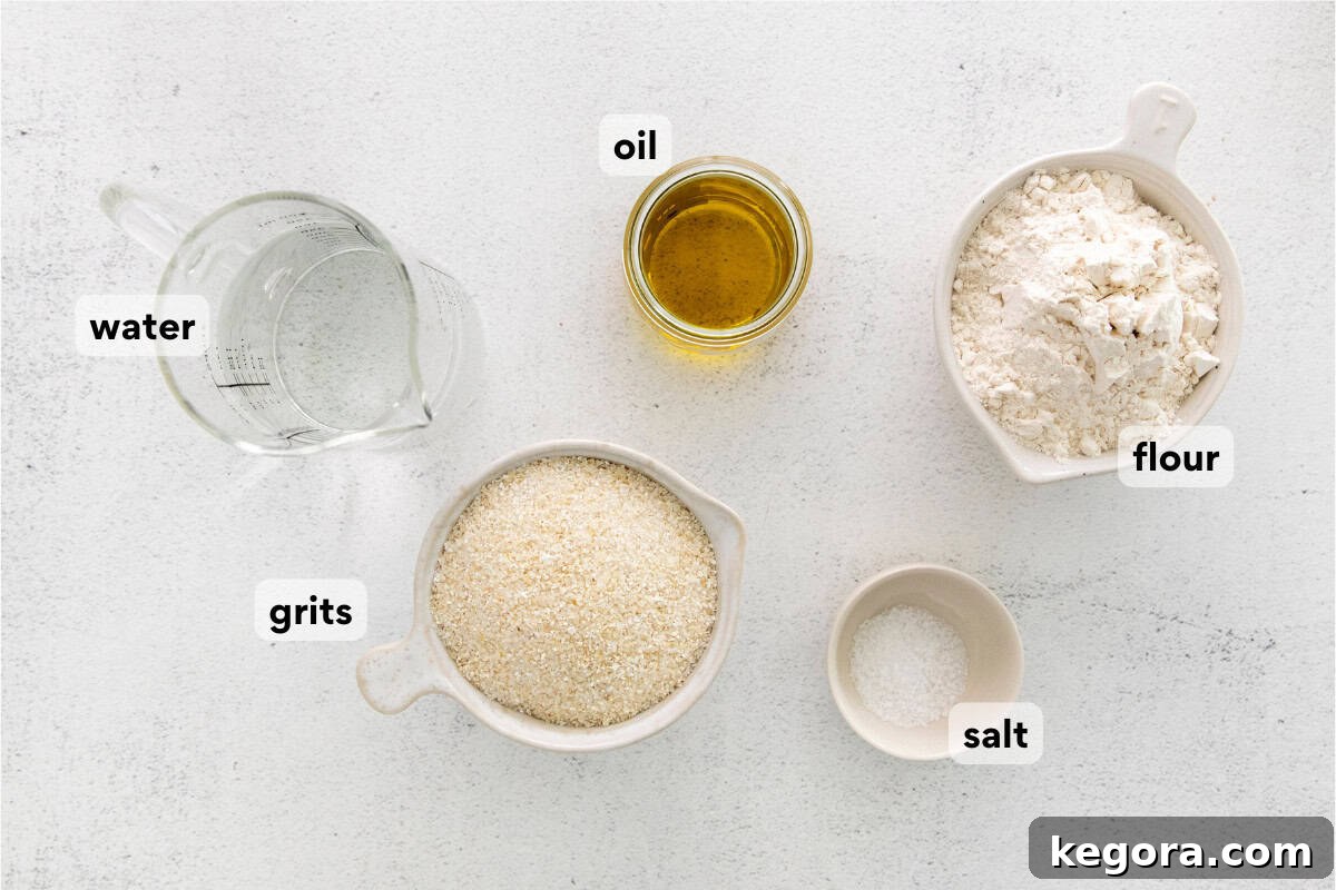 Golden Grit Fritters 4 All the fresh ingredients for making grit cakes laid out neatly on a kitchen countertop.