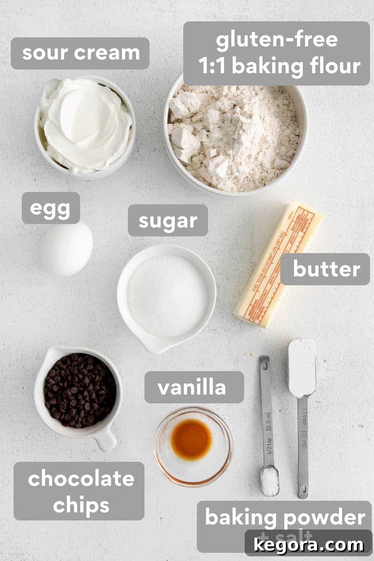 Ingredients for chocolate chip scones laid out on a kitchen counter