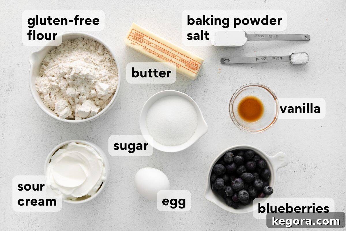 Individual ingredients for gluten-free blueberry scones, neatly measured and laid out on a table.