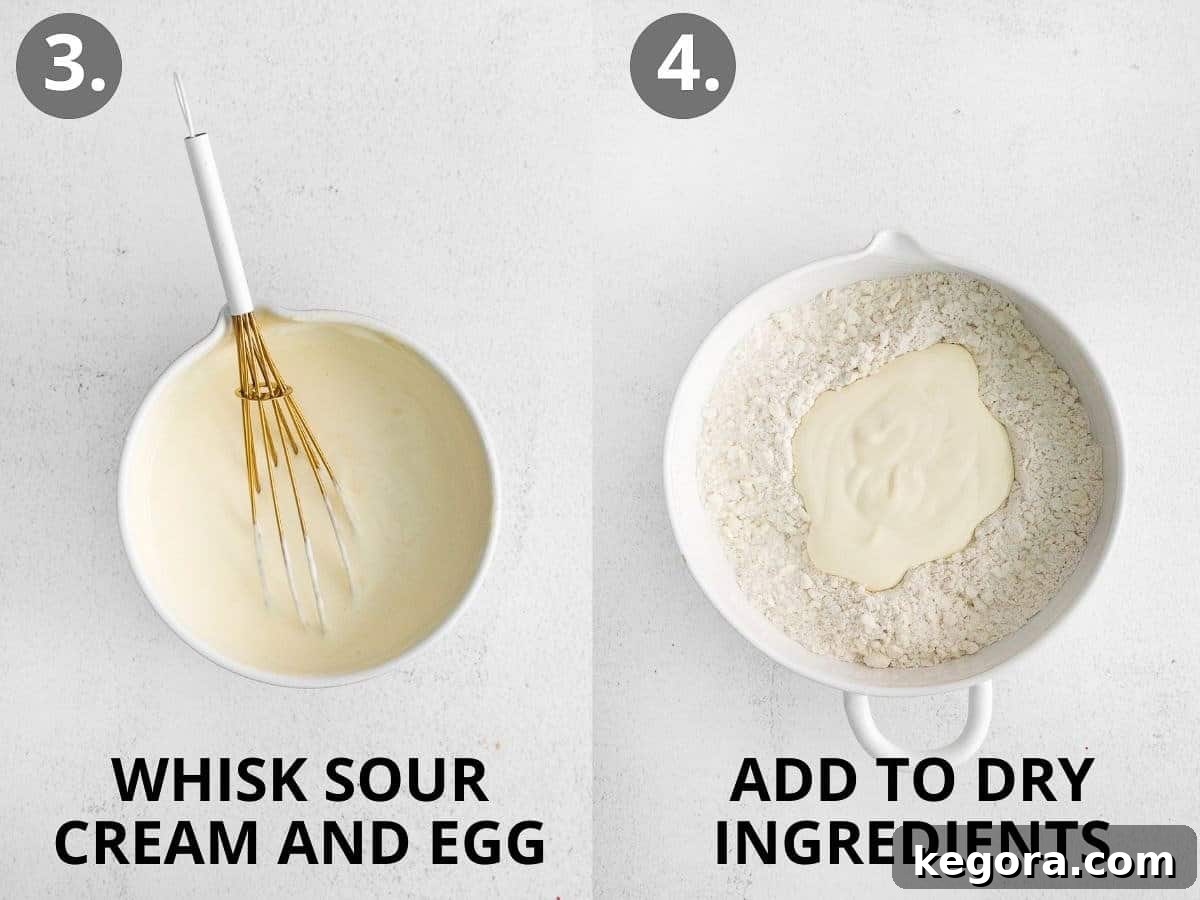 Image showing sour cream and egg whisked in a separate bowl, then the wet mixture being poured into the dry ingredients.