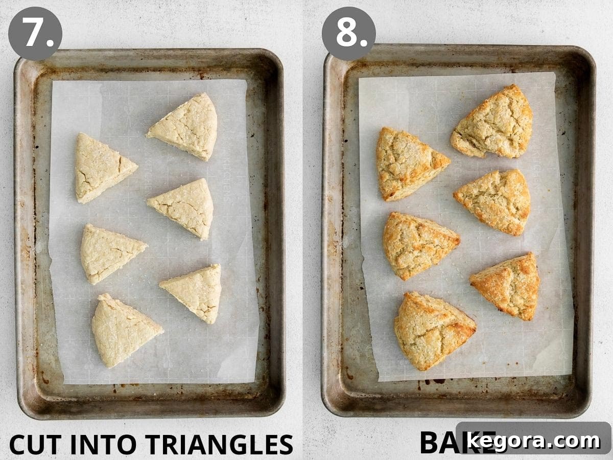 Baked scone wedges on a baking sheet, followed by a close-up of golden brown scones cooling on a wire rack.
