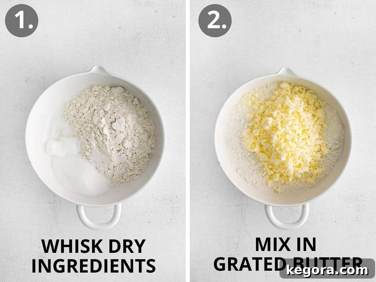 Fluffy Gluten-Free Scones Made Easy 5 Image showing dry ingredients in a bowl, followed by grated frozen butter being mixed in.