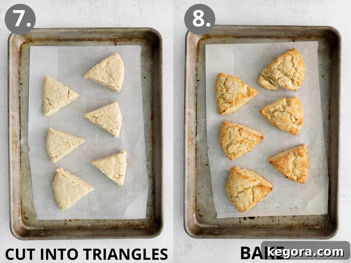 Fluffy Gluten-Free Scones Made Easy 8 Image showing unbaked scones on a baking sheet, then the same scones baked to a golden brown.