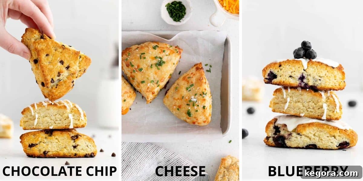 Fluffy Gluten-Free Scones Made Easy 9 Three different varieties of gluten-free scones: plain, blueberry, and chocolate chip, arranged attractively.