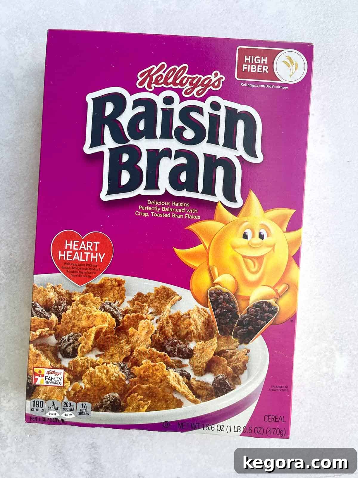 A box of Raisin Bran on a countertop