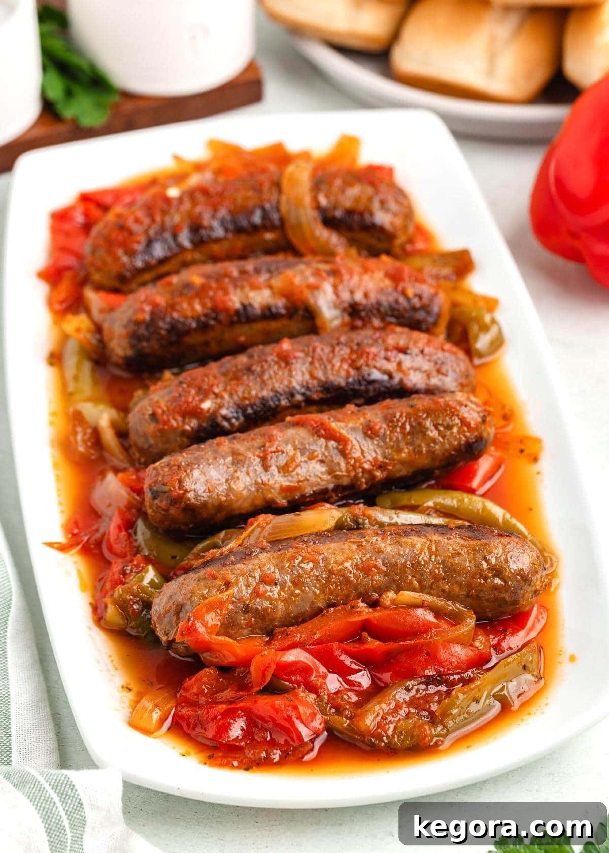 Set It and Forget It Sausage and Peppers 2 Slow Cooker Italian Sausage and Peppers on a white plate, garnished with fresh parsley.
