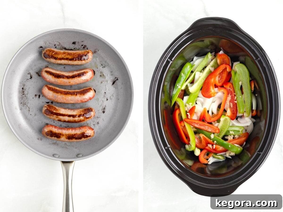 Set It and Forget It Sausage and Peppers 5 Italian sausages browning in a skillet, with sliced peppers and onions already in a black slow cooker.