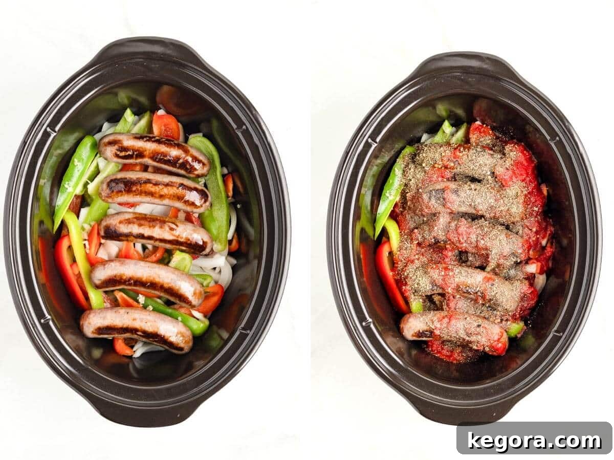 Set It and Forget It Sausage and Peppers 6 Browned Italian sausages arranged over a bed of bell peppers and onions in a slow cooker, with crushed tomatoes and spices added.