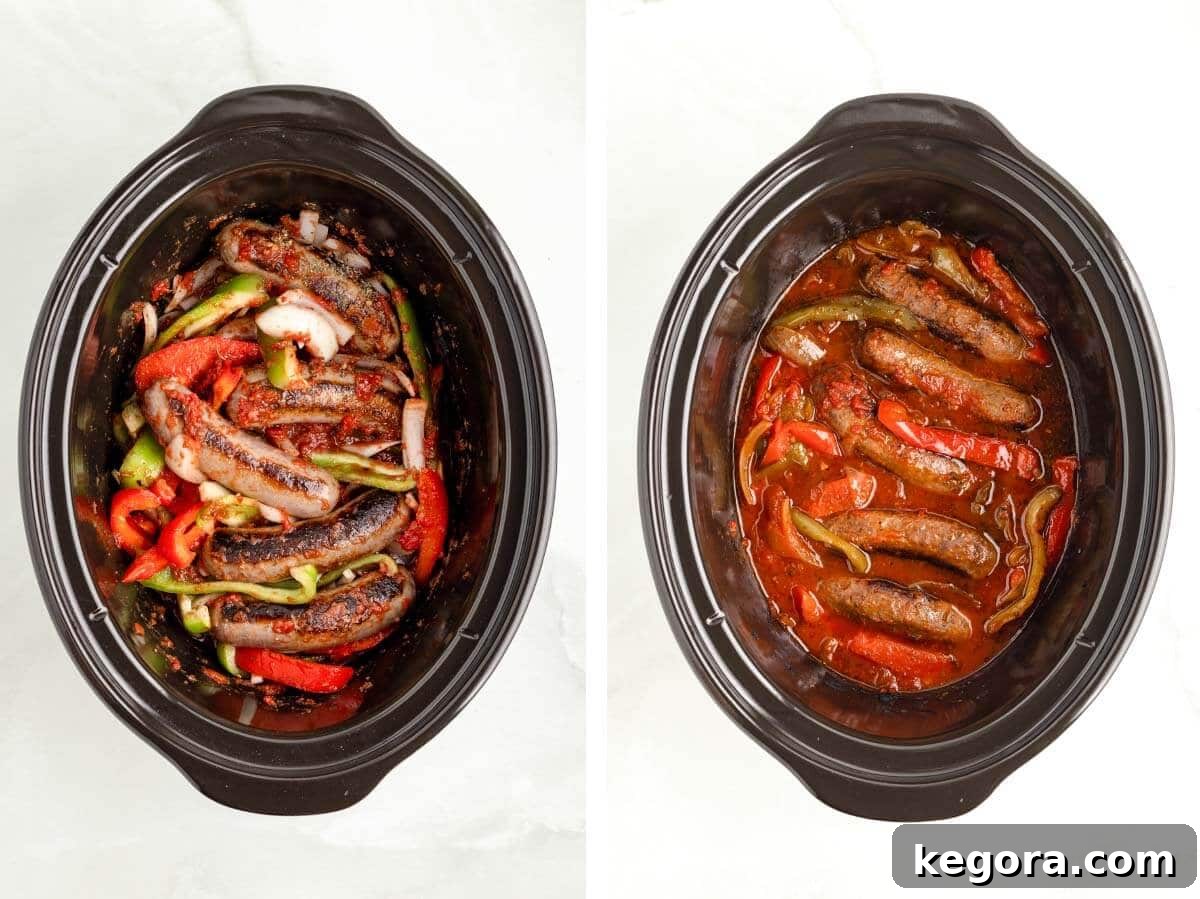 Set It and Forget It Sausage and Peppers 7 All ingredients for Slow Cooker Sausage and Peppers stirred together in the crockpot, ready for cooking.