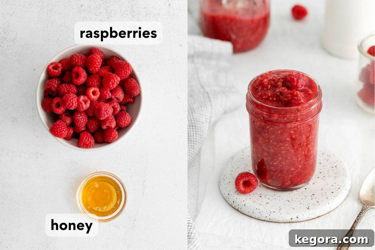 Effortless Raspberry Delight 4 All the necessary ingredients for raspberry compote measured out and labeled, alongside a jar of the finished compote.