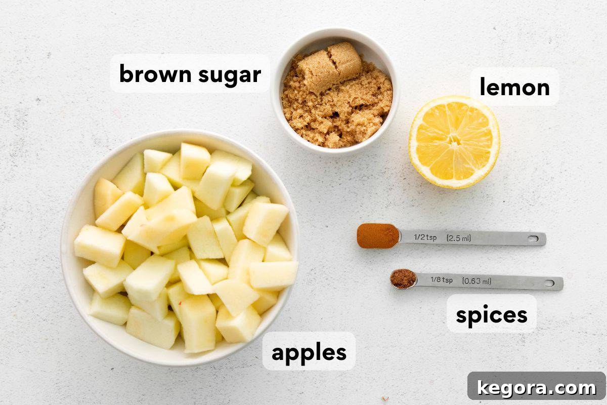 Spiced Apple Delight 4 A selection of measured ingredients laid out for making apple compote, including fresh apples, lemon, brown sugar, cinnamon, and nutmeg.