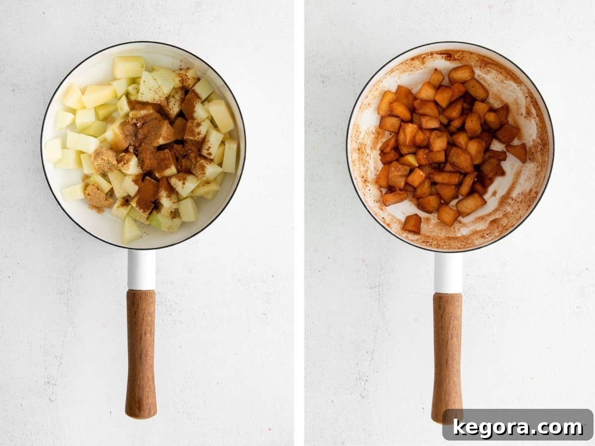 Spiced Apple Delight 5 A two-part image showing fresh diced apples and cinnamon in a pot before cooking, and then the apples cooked down into a golden compote in the same pot.