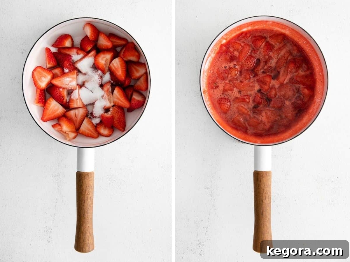 Luscious Strawberry Compote 5 A visual progression of making strawberry compote: a pot with raw strawberries and sugar on the left, and a pot with thickened, cooked compote on the right