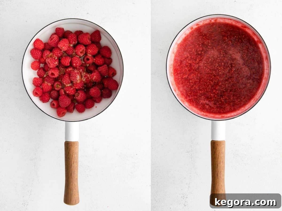 Crafting Delicious Fruit Compote from Scratch 4 Fresh raspberries in a pot, and boiled down raspberries in a pot