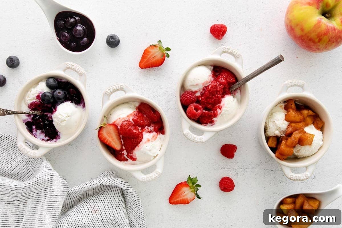 Crafting Delicious Fruit Compote from Scratch 10 Four ramekins filled with vanilla ice cream and topped with different types of fruit compote