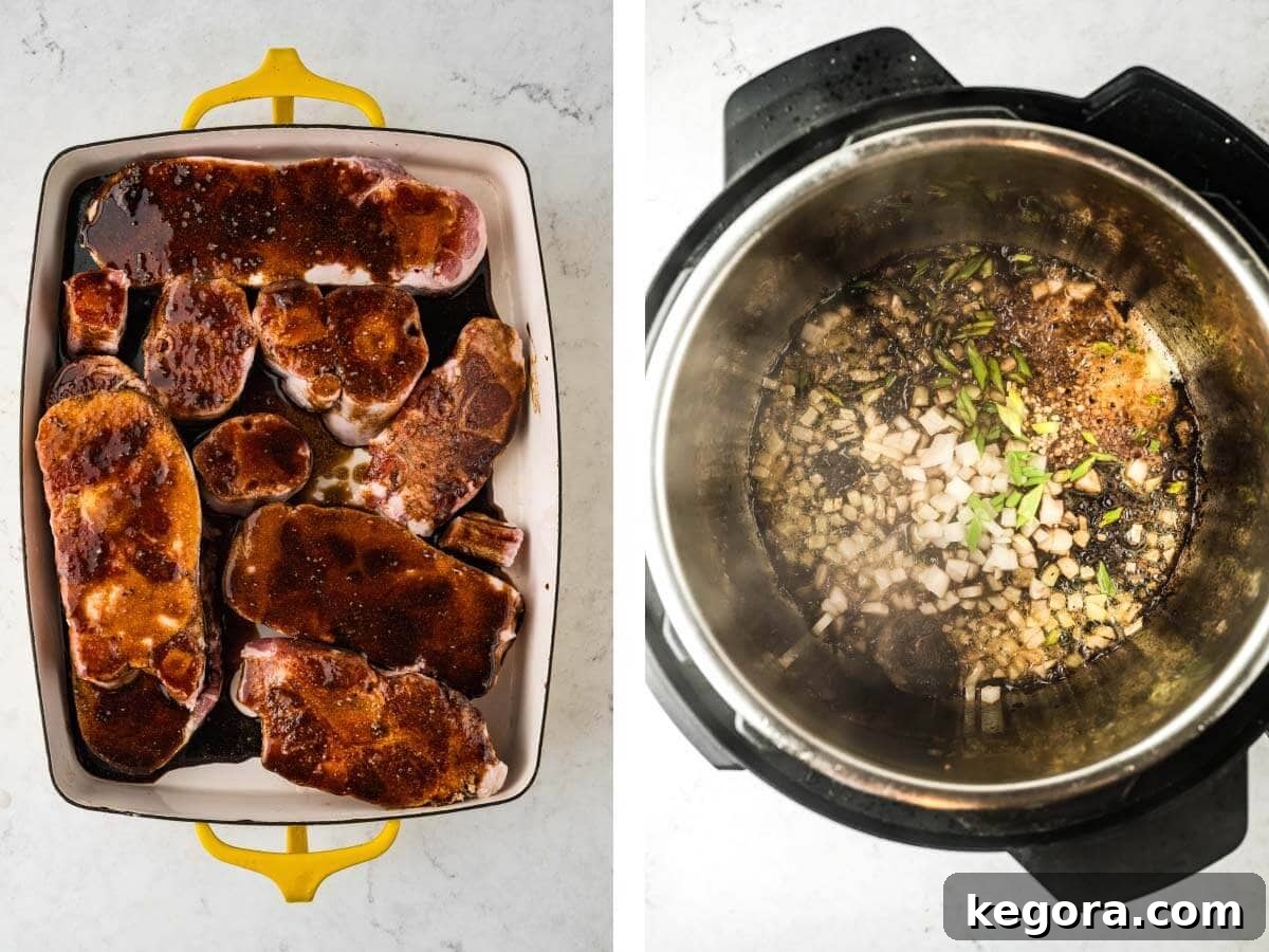 oxtails marinating, aromatics cooking in IP.