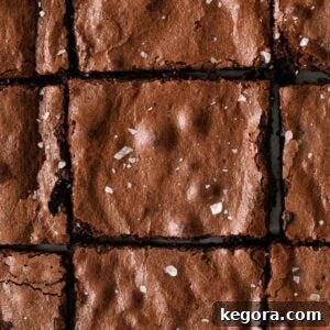 A close-up of rich, fudgy gluten-free brownies, lightly sprinkled with sea salt.