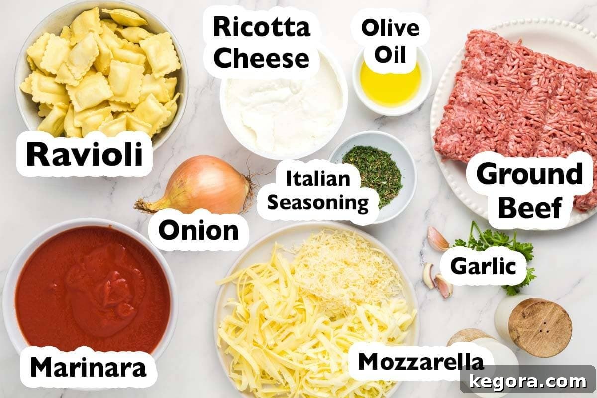All ingredients for Ravioli Lasagna with Meat Sauce laid out on a counter.