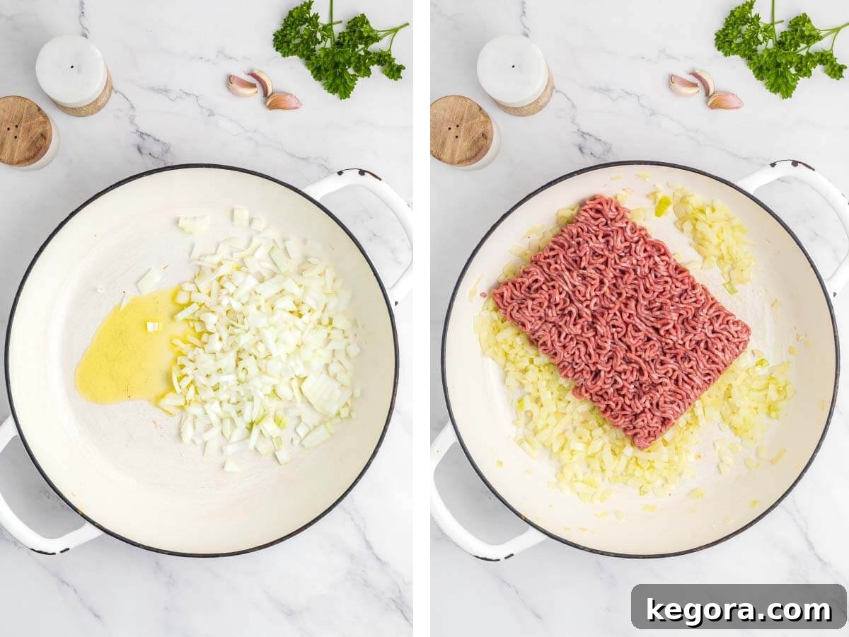 Sautéing diced onion and ground beef in a large pot for the meat sauce.