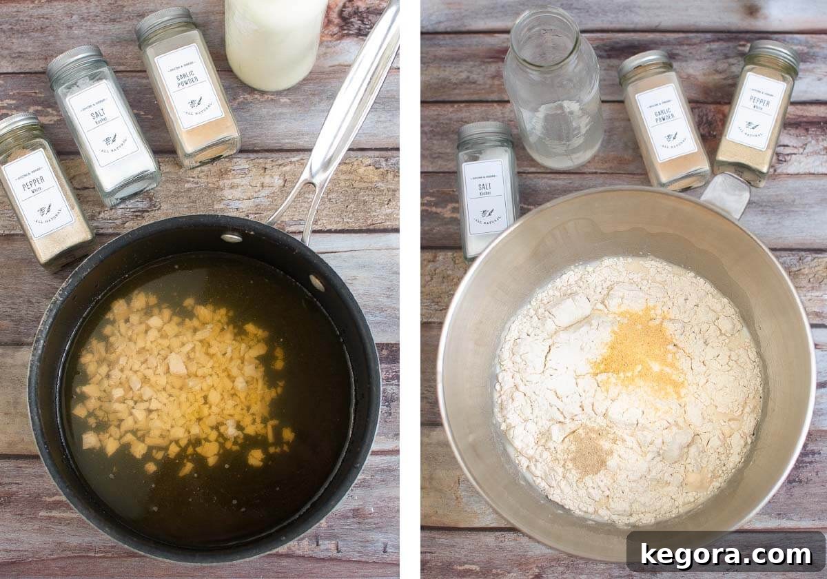 Heat broth and chicken in pot, add flour and spices to a bowl.