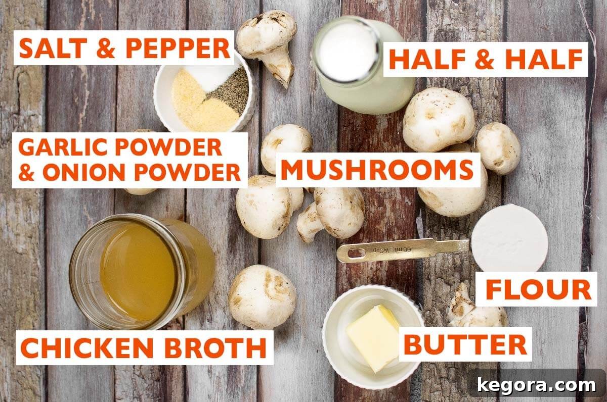 Thick and Creamy Homemade Mushroom Soup 4 A collection of fresh ingredients laid out, including mushrooms, butter, flour, broth, half-and-half, and various spices, ready to make homemade cream of mushroom soup.
