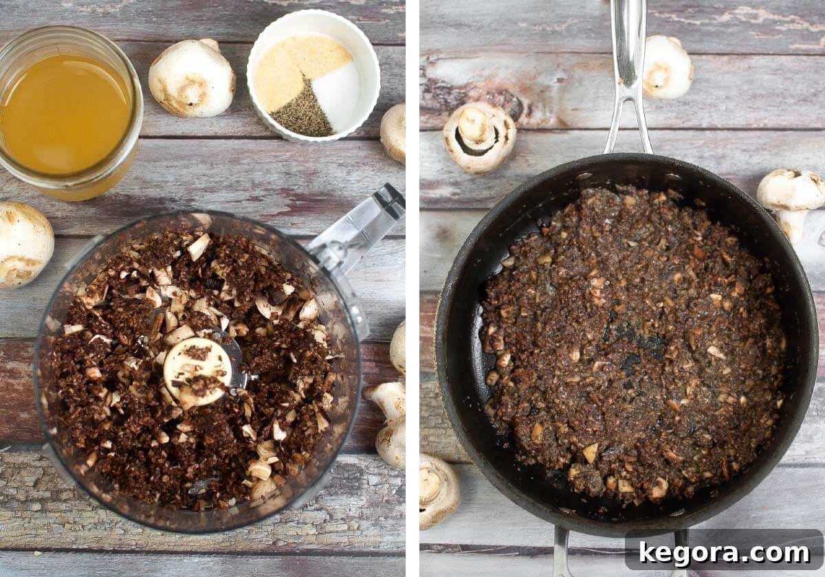 Thick and Creamy Homemade Mushroom Soup 5 Step-by-step image showing mushrooms being chopped in a food processor, followed by sautéing them in a skillet until moisture evaporates.