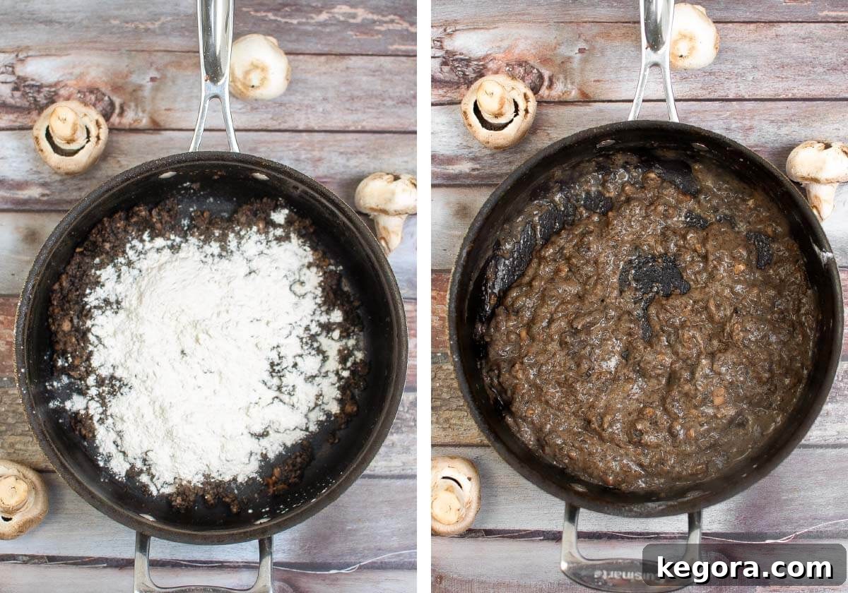 Thick and Creamy Homemade Mushroom Soup 6 Step-by-step image showing flour being added to the cooked mushrooms and then stirred into the mixture to form a roux.