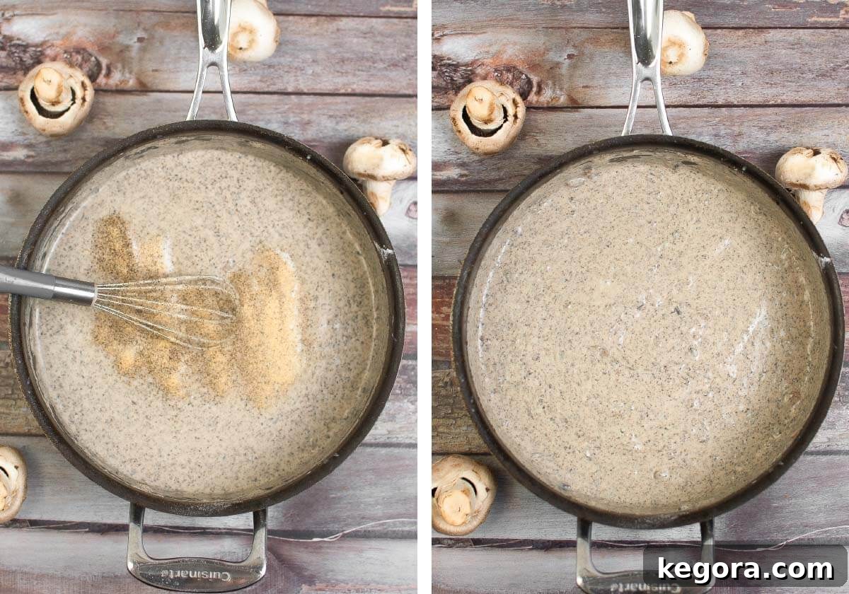 Thick and Creamy Homemade Mushroom Soup 7 Step-by-step image showing broth and seasonings being added to the mushroom-flour mixture, followed by half-and-half to create a thickened, creamy soup.