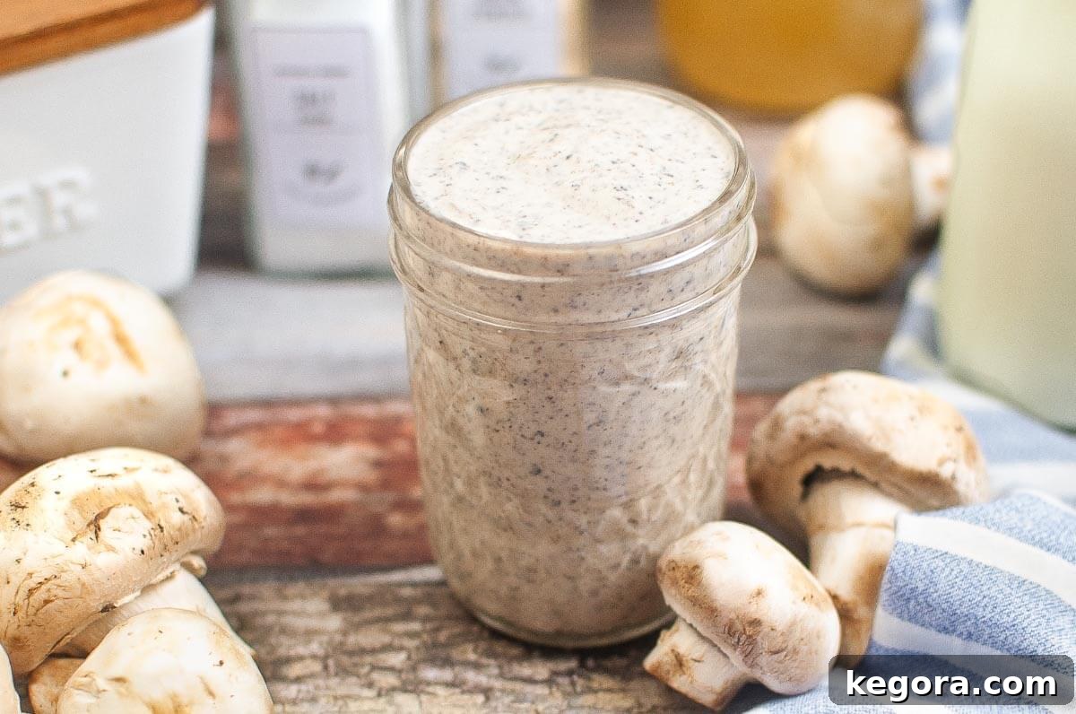Thick and Creamy Homemade Mushroom Soup 8 A beautifully presented jar of homemade cream of mushroom soup, ready for use or storage, emphasizing its homemade quality.