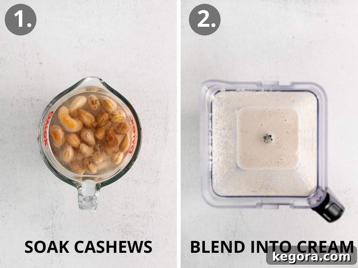 Wholesome Dairy-Free Gluten-Free Chicken Rice Bake 5 A measuring cup filled with cashews soaking in boiling water, alongside a blender ready to process them into cream.