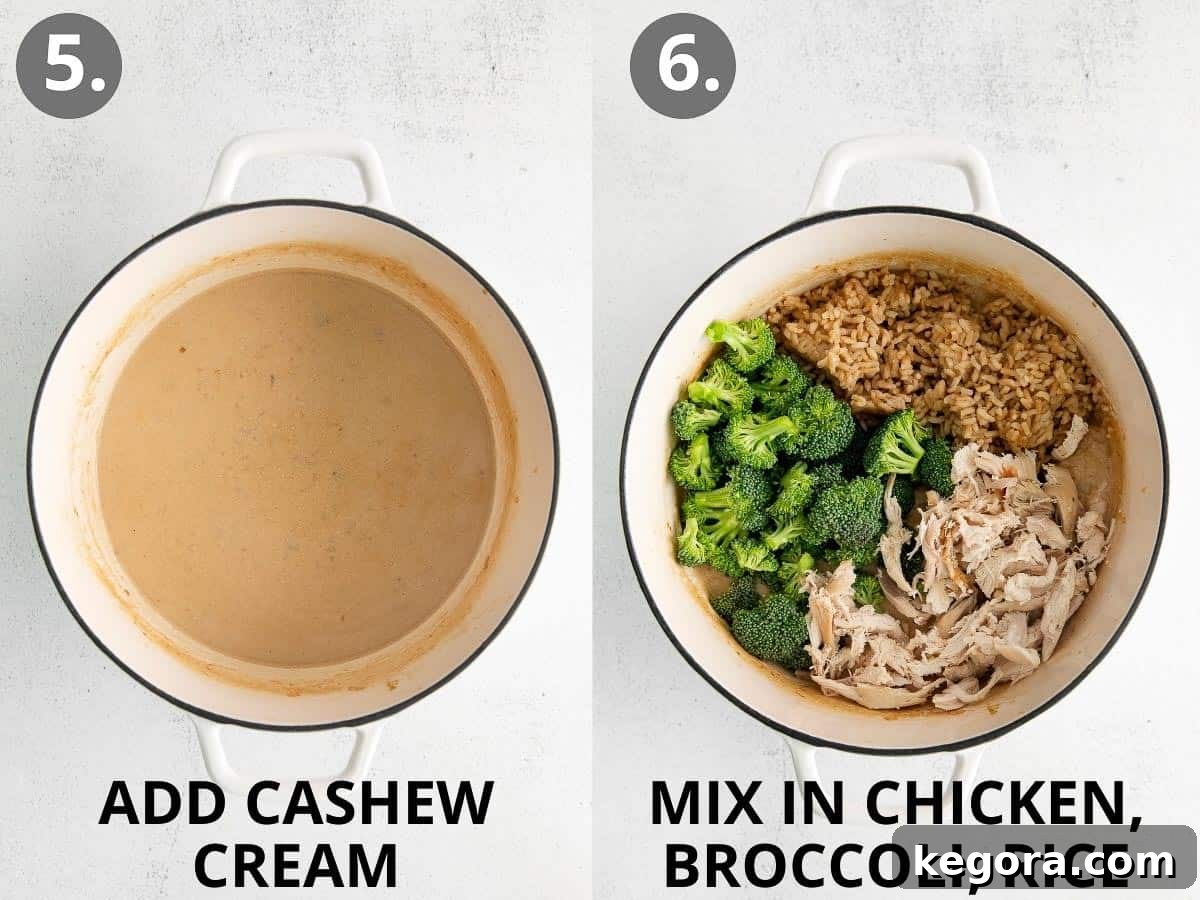 Wholesome Dairy-Free Gluten-Free Chicken Rice Bake 7 A bowl of creamy cashew sauce, next to a bowl of cooked chicken, broccoli florets, and brown rice, ready to be combined.