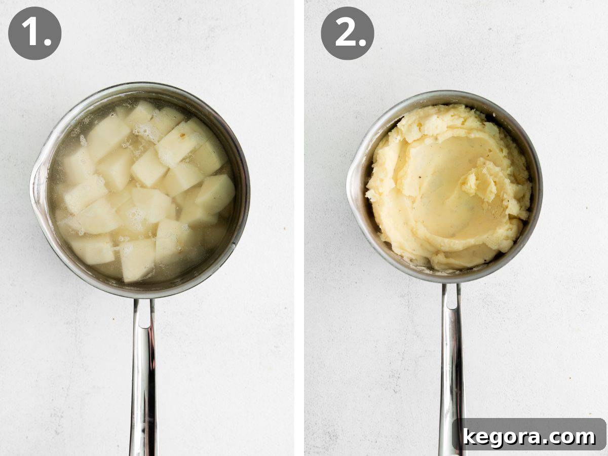 Hearty Gluten-Free Shepherds Pie 6 A visual guide showing how to prepare mashed potatoes: peeling, cutting, cooking, and mashing with added ingredients.