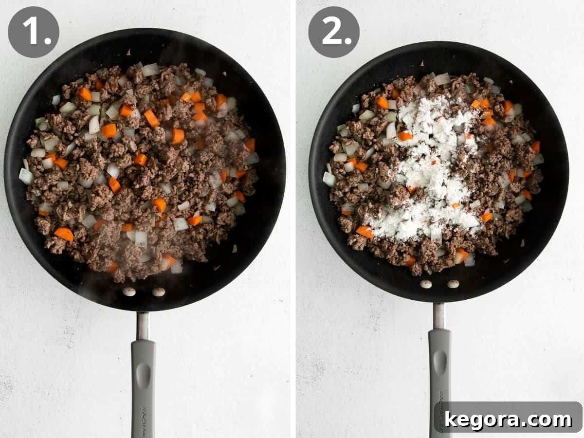 Hearty Gluten-Free Shepherds Pie 7 Step-by-step photos for preparing the meat filling: cooking ground meat with onions and carrots in a skillet, draining excess grease, and sprinkling with gluten-free flour.