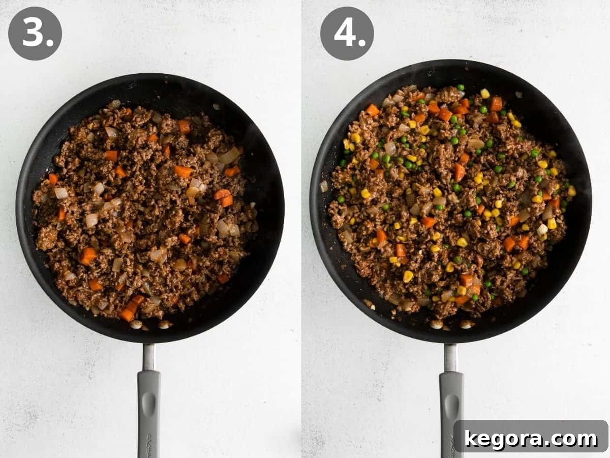 Hearty Gluten-Free Shepherds Pie 8 Further steps for the meat filling: adding tomato paste, stock, Worcestershire sauce, and herbs, then simmering and finally stirring in frozen corn and peas.