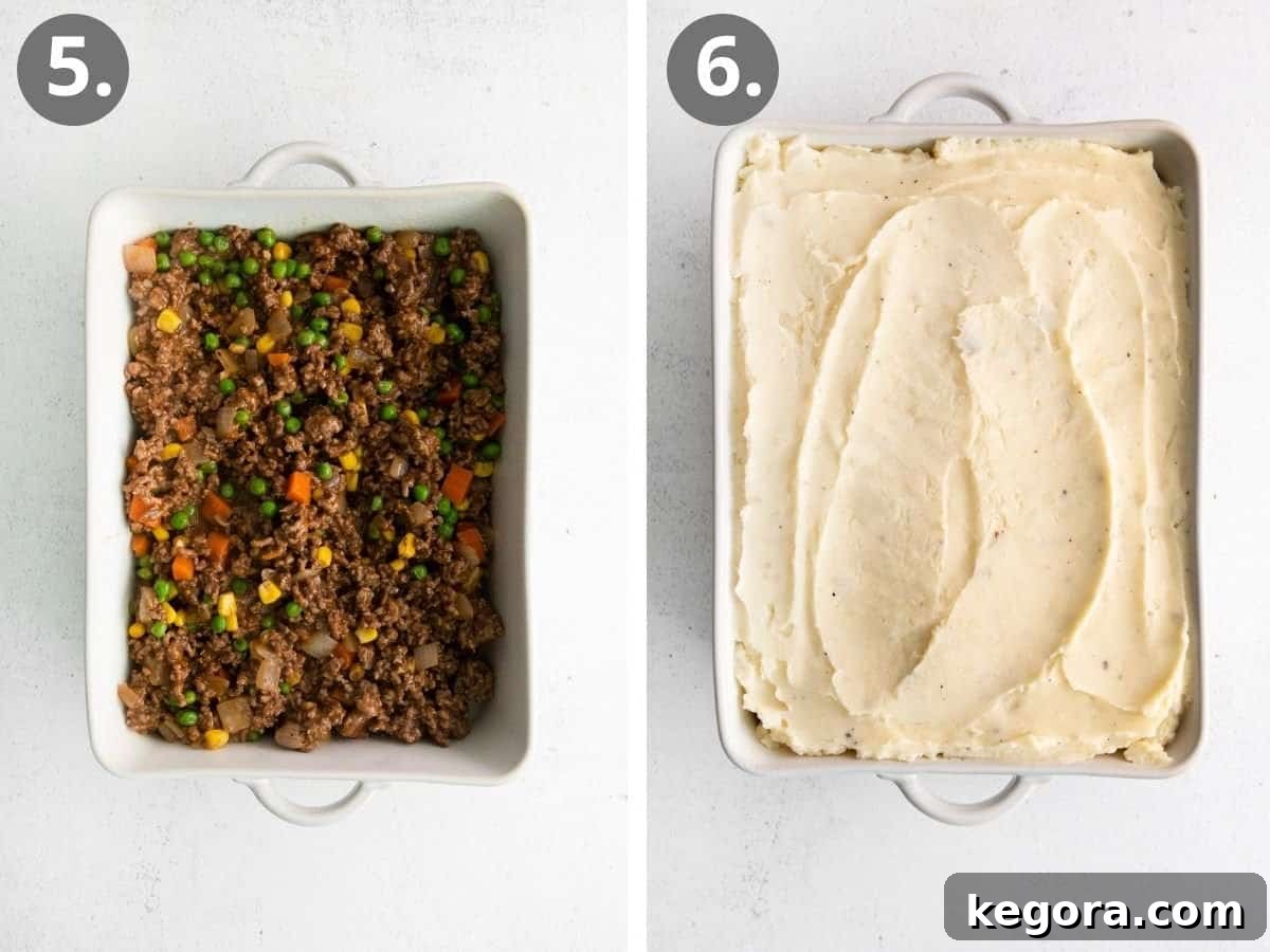 Hearty Gluten-Free Shepherds Pie 9 Visual instructions for assembling and baking the shepherd's pie: layering the meat filling into a casserole dish, topping with mashed potatoes, and preparing for the oven.