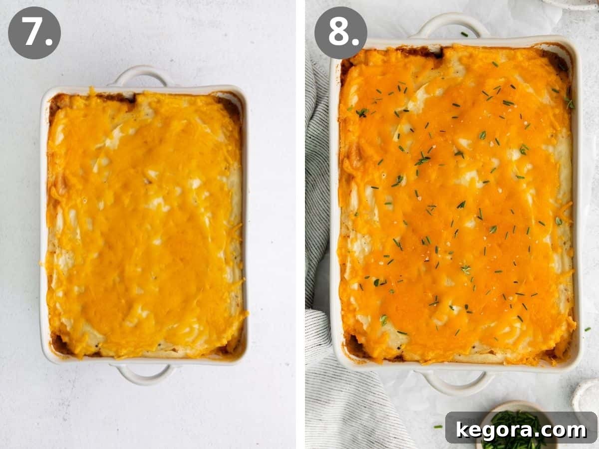 Wholesome Gluten-Free Shepherd's Pie 10 Photo instructions showing cheese being added to the top of the shepherd's pie before a final bake, and then resting before serving.