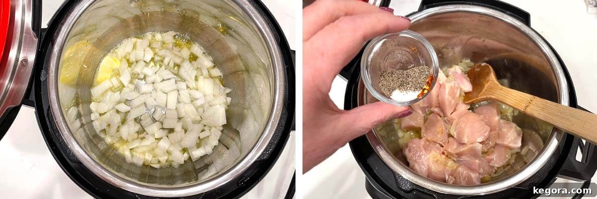 Close-up of diced onion sautéing in the Instant Pot, with raw chicken cubes and spices ready to be added.